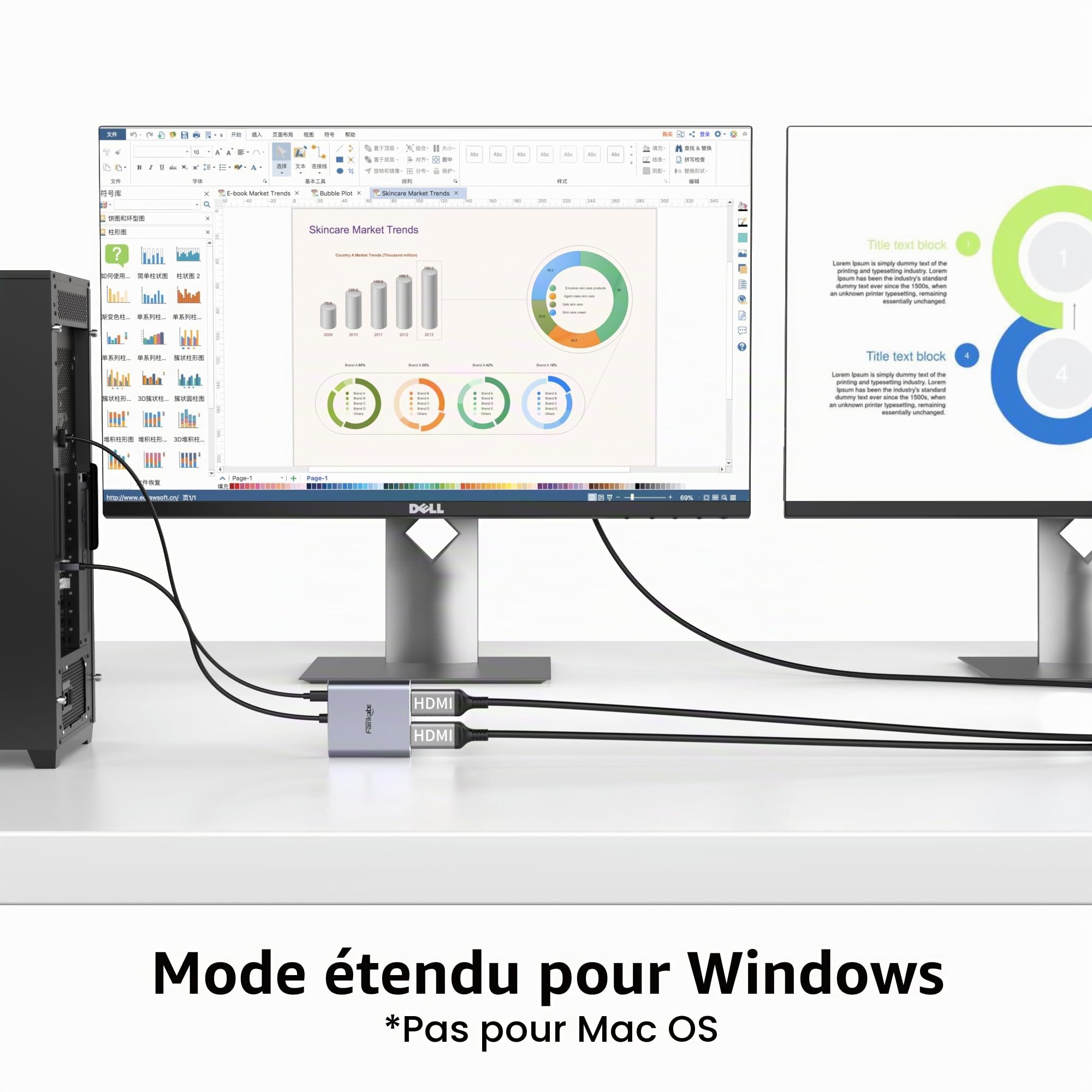 fairikabe Adaptateur DisplayPort vers Double HDMI, répartiteur DisplayPort vers HDMI 4K 60 Hz pour Deux écrans, Affichage étendu, DP 1.2 to 2 écrans hdmi pour Carte Graphique d'ordinateur Portable