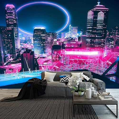 Miniatura 18 de Aidatain Tapiz Punk Cityscape Neon Nightscape de ciencia ficción de arte electrónico grande de 80 x 60 pulgadas para dormitorio y sala de estar