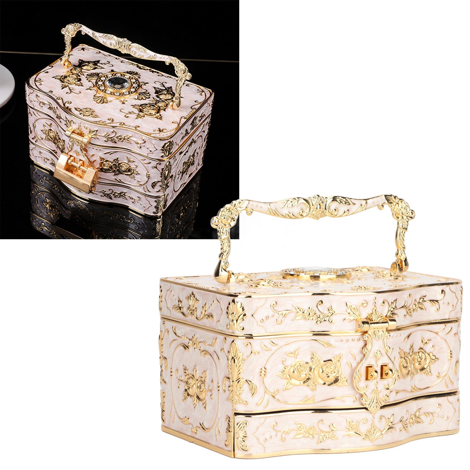 Hidyliu Vintage-Schmuckschatulle mit Spiegel, für Damen, Vintage-Schmuckkästchen aus Zinklegierung, für Geburtstagsgeschenke, Sammlungen, 18 x 13 x 10 cm, Weiß