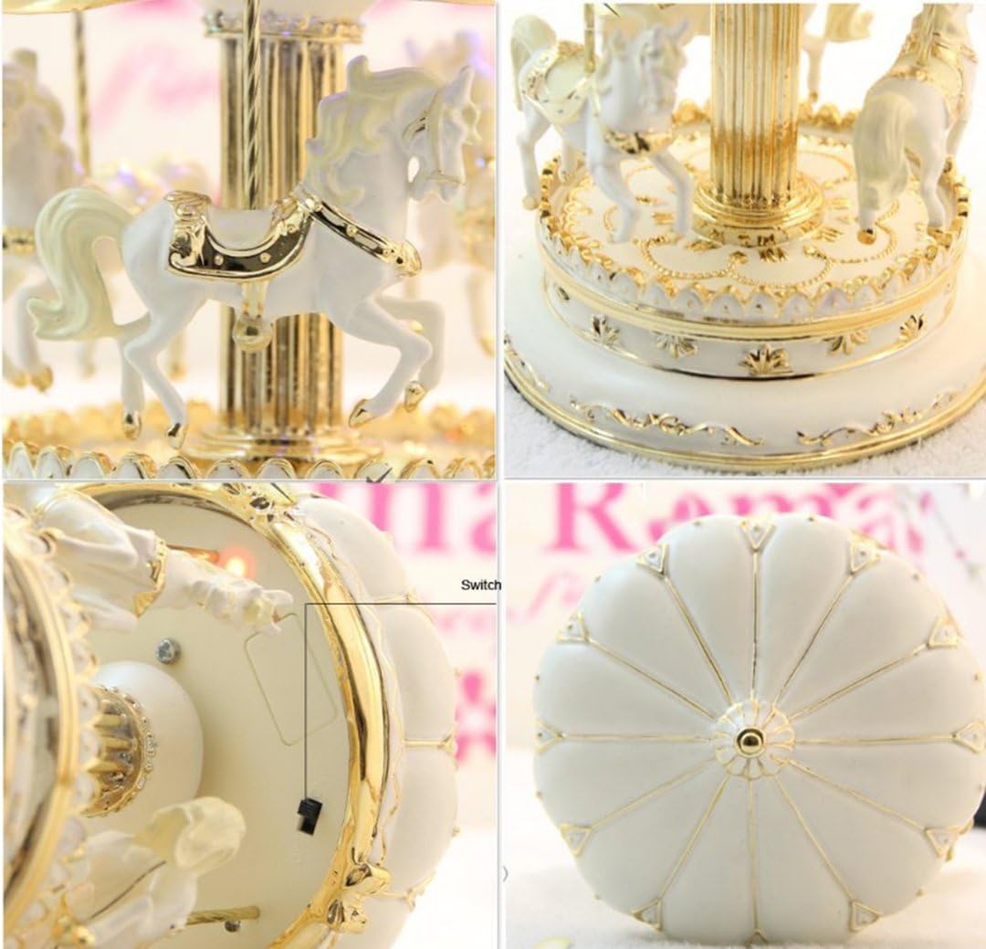 Classic Clockwork Musical Box Carousel Merry-Go-Round with Color Change LED Light for Kids Children Girls Christmas Birthday Wedding Valentine Gift Home Decoration Pink/Gold (Gold)