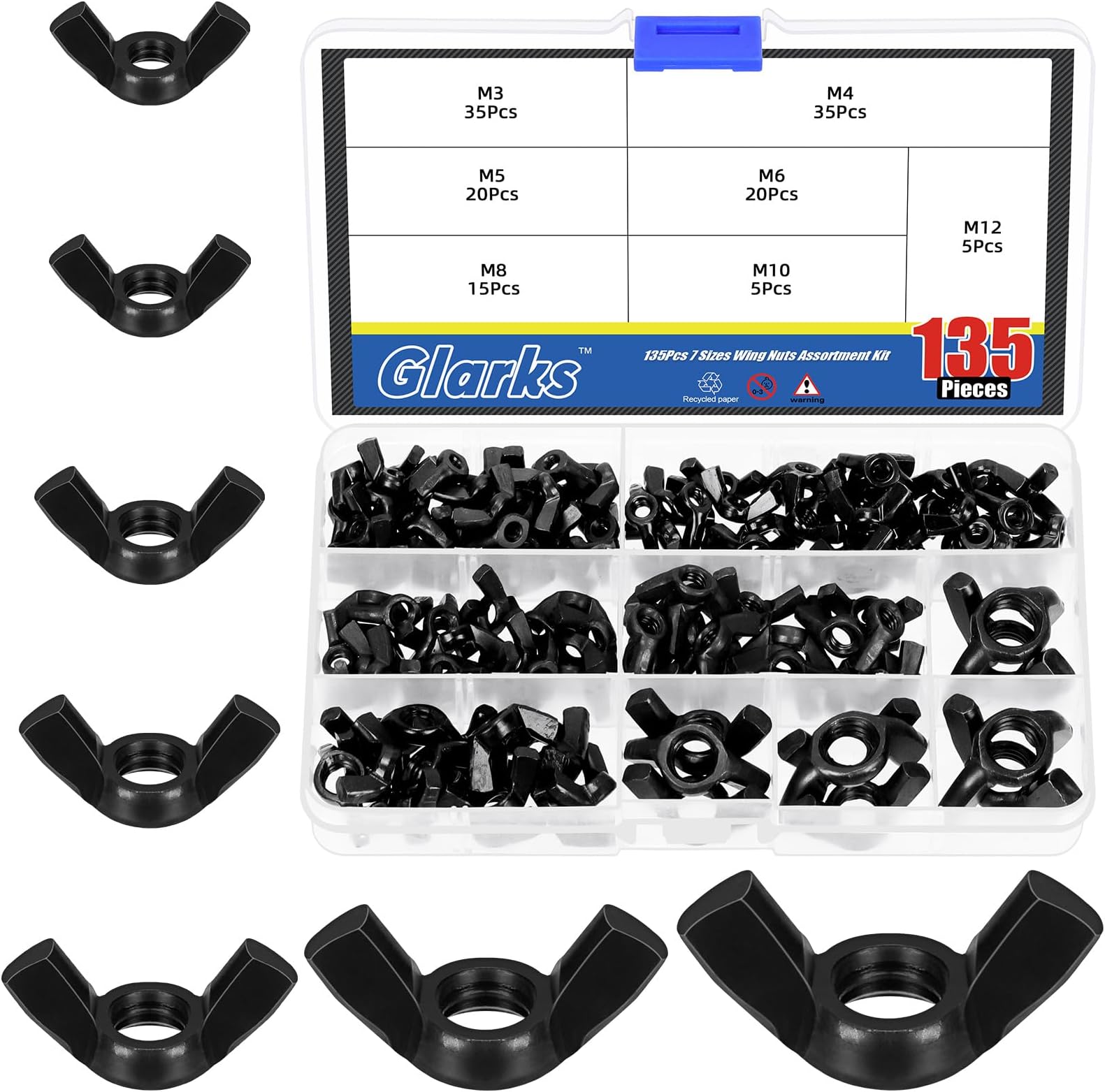 Glarks 135Pcs M3 M4 M5 M6 M8 M10 M12 Black Wing Nuts Assortment Kit, 7 Sizes High Strength Carbon Steel Butterfly Nuts, Metric Wing Bolt Fasteners, Hand Twist Tighten Ear Wing Nuts