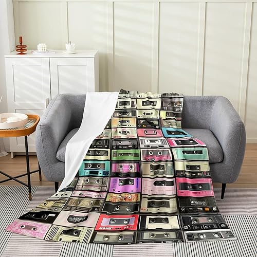 Manta de forro polar con cinta de música retro, de 50 x 60 pulgadas, manta vintage de radios para niños, adolescentes, manta de casete de audio de