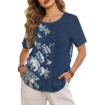 Women's Round Neck Linen Tops Blouse Summer Going out Tops for Women Size S-5XL Button Down