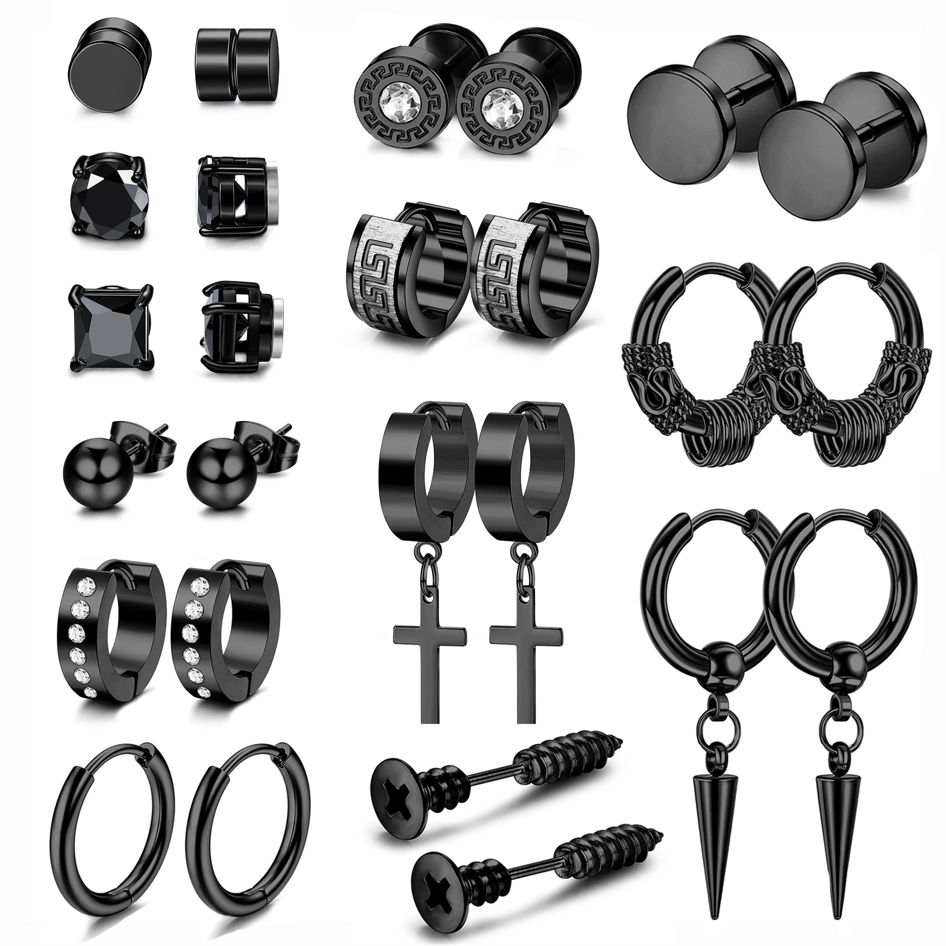 MILACOLATO13 Pares Pendientes Aro Para Hombre Mujer, Aro Acero Inoxidable Con Bisagras De Plata Negra, Pendientes Magnéticos Pequeños, Zirconia Aretes Aro Colgantes Con Cruz Gótica Punk