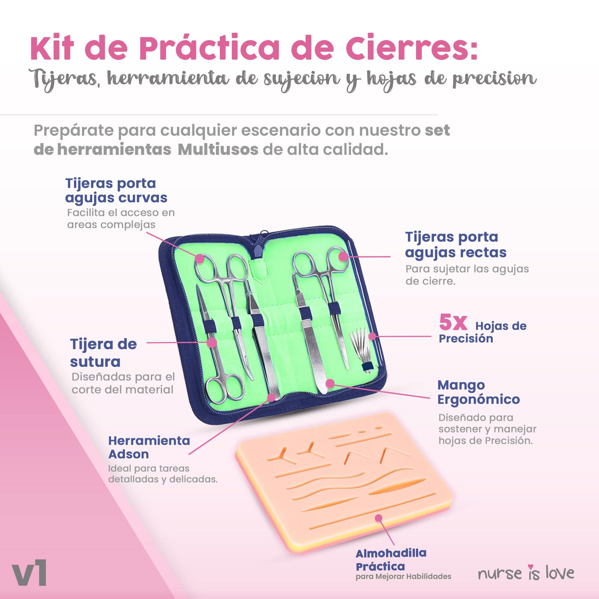 Nurse is Love Kit de Sutura para Practicar (30 piezas) con Estuche | Uso Educativo Ideal para, Estudiantes Medicina & Veterinaria + eBook + Video Curso HD | Regalo para Enfermera
