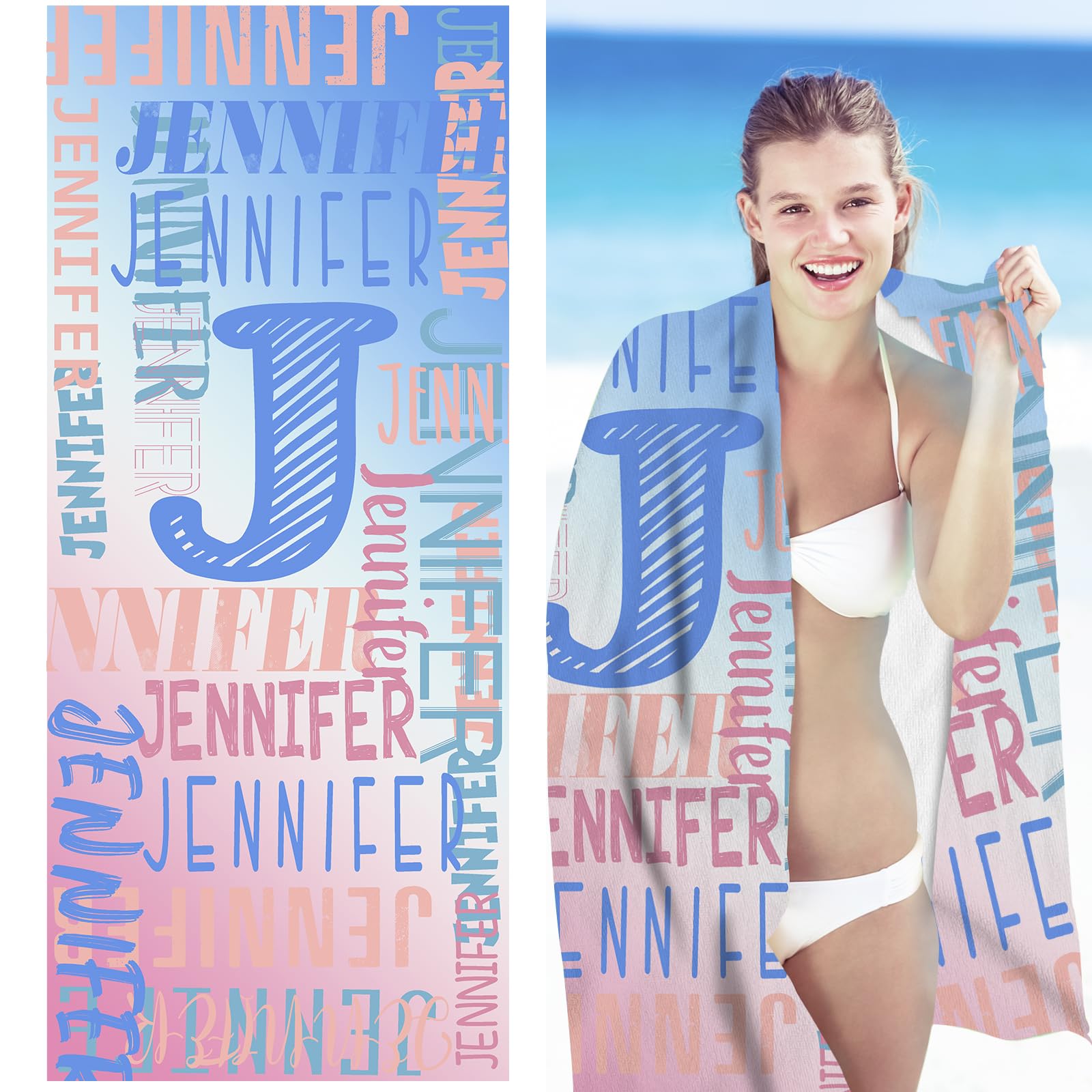Ueedklaayy Personalized Beach Towels with Name for Adults & Kids, Custom Name Beach Towel for Girls Boys Men Women Oversized Beach Towels Summer Gifts