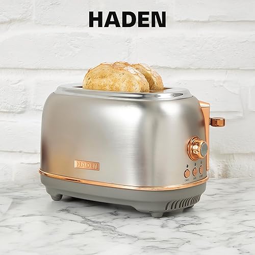 Miniatura 6 de Haden Heritage - Tostadora de acero inoxidable de 2 rebanadas de ranura ancha con control de tostado ajustable y pies antideslizantes, acero y cobre