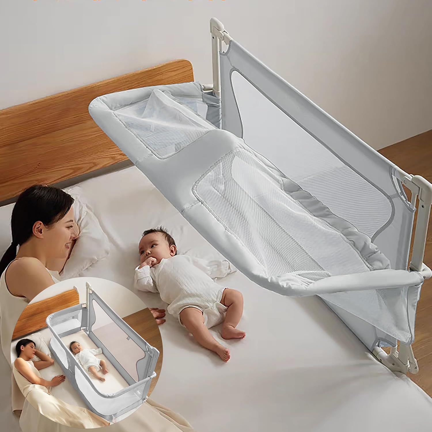 3 in 1 Baby Bedside Sleeper, Baby Bassinets, for co sleeper for baby in bed,breathable and visible mesh window,soft washable liner cover and sturdy aluminum alloy,for co sleeper bassinet attach to bed