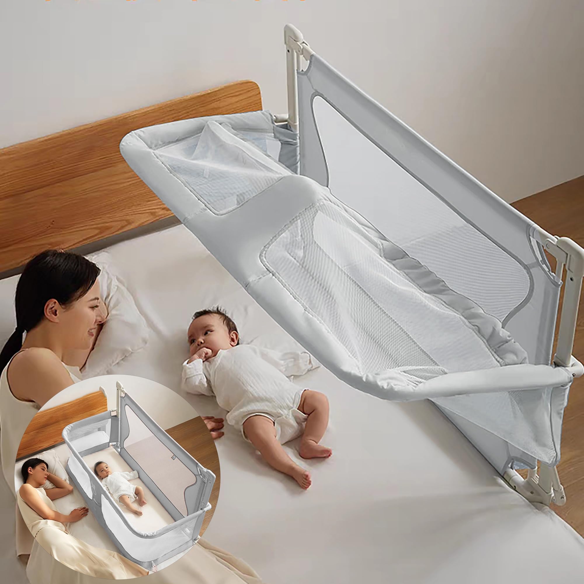 3 in 1Beistellbett Baby, Babywiege, Stubenwagen Babybett, Baby Bett,reisegitterbett, beistellbett Baby boxspringbett, Beistellbett mit Moskitonetz, Tragbares Bett für Säuglinge/Neugeborene(Creamy-whit