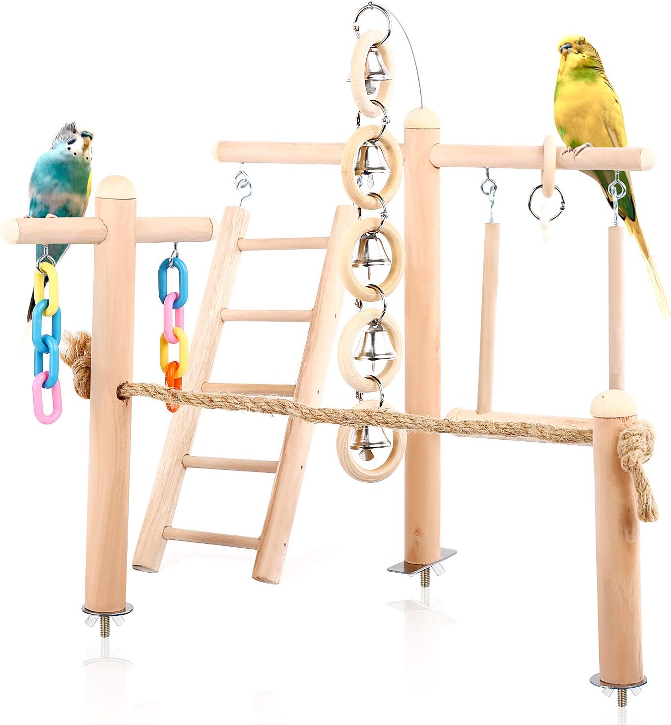 SAWMONG Wooden Bird Play Stand Perch Set, Parrot Playground Swing Toy, Cockatiel Birdcage Training Climbing Ladder, Parakeets Exercise…