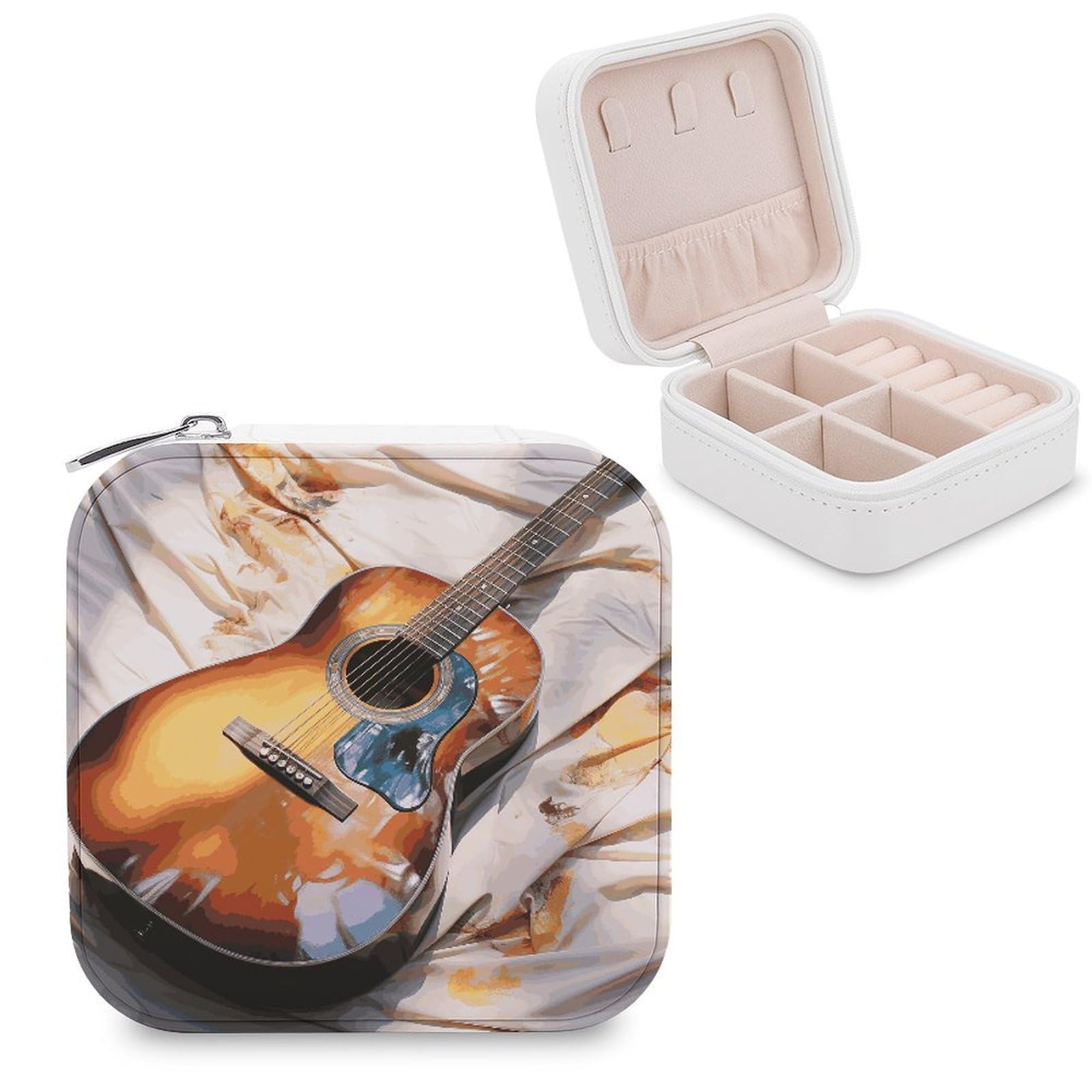 MUSM Watercolor Acoustic Guitar Travel Jewelry Case Personalized PU Leather Jewelry Boxes for Women Small Portable Jewelry Organizer Box Cute Trinket Box for Necklaces Rings Earrings & Gifts
