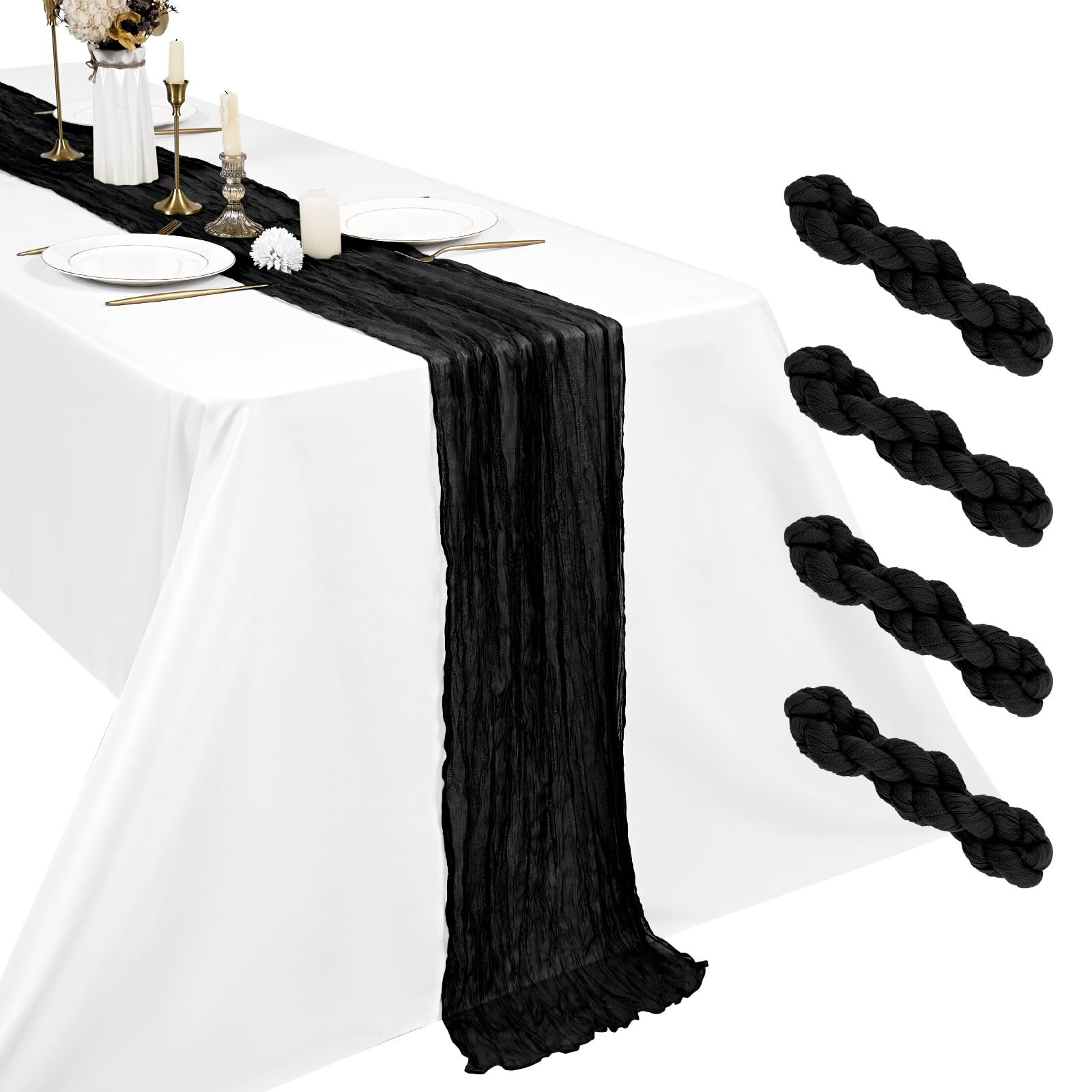 4 Pack Black Cheesecloth Table Runner, 17.7 x 108 inch Boho Gauze Table Runner 45x275 cm Rustic Romantic Long Table Runner for Wedding Party Bridal Shower Christmas Decoration