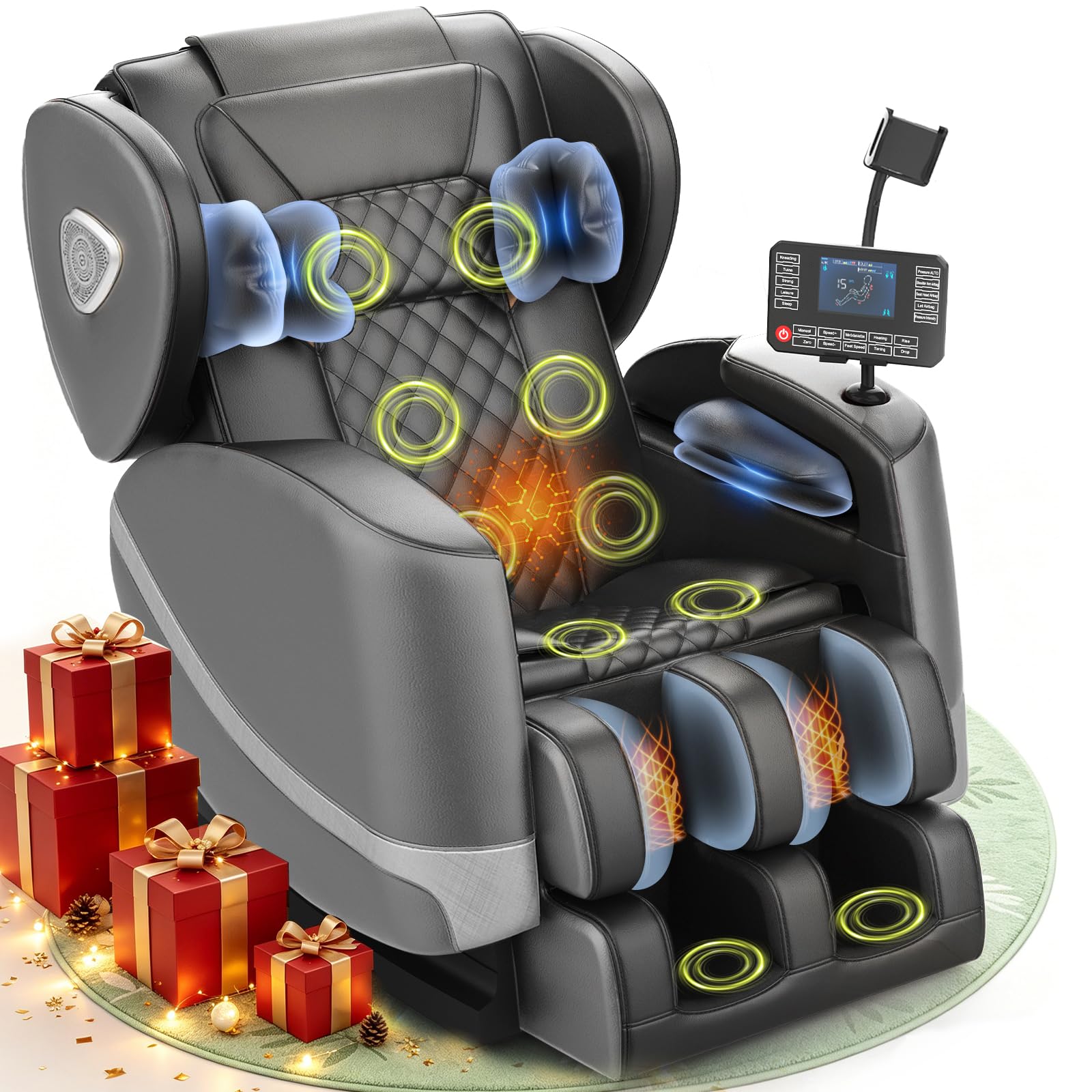 Massagesessel, Ganzkörper-Massagesessel mit Zero-Gravity, 14 Rollen und 8 Komfort-Airbags, Mit Heizfunktion für Taille und Beine Fußmassage, Bluetooth-Player und 2-in-1 Touchscreen (Hellgrau)