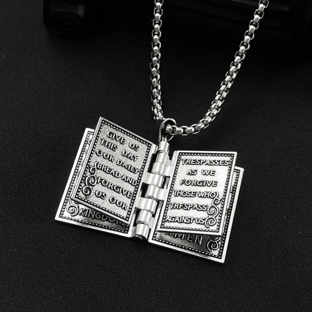 NLIEOPDA Gothic Cross Necklace - Vintage Bible Book Pendant - Silver Unisex Jewelry for Men & Women