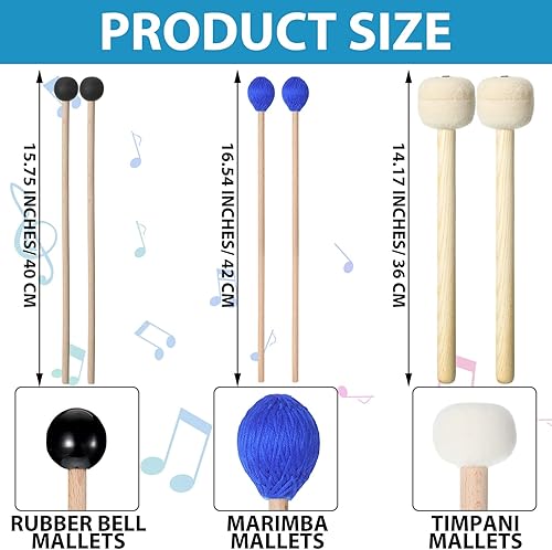 Miniatura 2 de Cindeer 3 pares de mazo de tambor 1 teclado de cabeza de hilo duro azul mazos de marimba 1 campana de goma negra 1 mazos de lana fieltro palo de