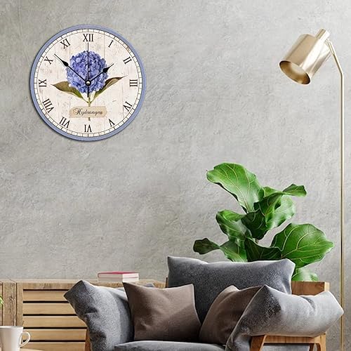 Miniatura 3 de Reloj de madera retro morado hortensia números romanos de 10 pulgadas, reloj de pared de madera silencioso sin tictac funciona con pilas, reloj de