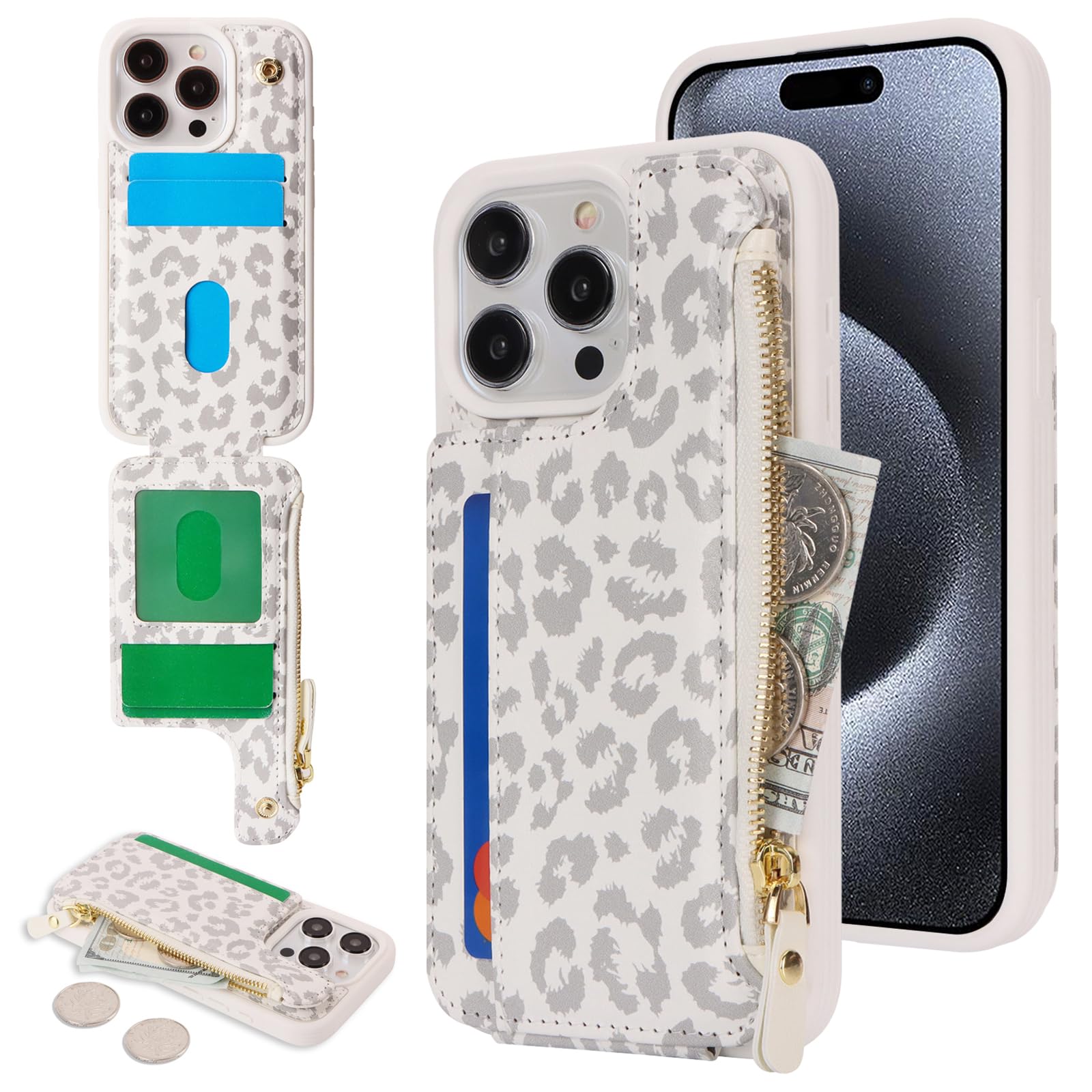 Cavor for iPhone 15 Pro Max Case with Card Holder,for iPhone 15 Pro Max Wallet Case for Women,Leather Zipper Pocket Shockproof Protective Phone