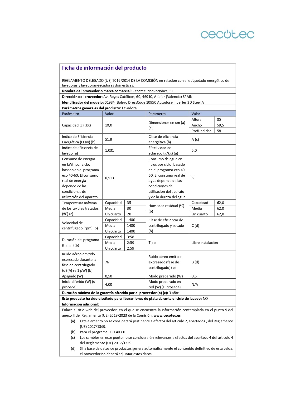 Cecotec Pralka ładowana od przodu 10 kg Autodose Bolero DressCode 10950 Autodose Inverter 3D Steel A. 1400 obr./min, klasa A, ekran Core Matrix, 13programy, Inverter Plus, SteamMax, OnSmart, Smooth