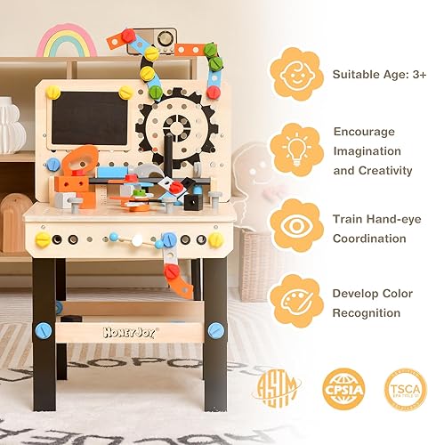 HONEY JOY Banco de herramientas para niños, taller de herramientas eléctricas de construcción de madera, 55 herramientas y accesorios de juguete