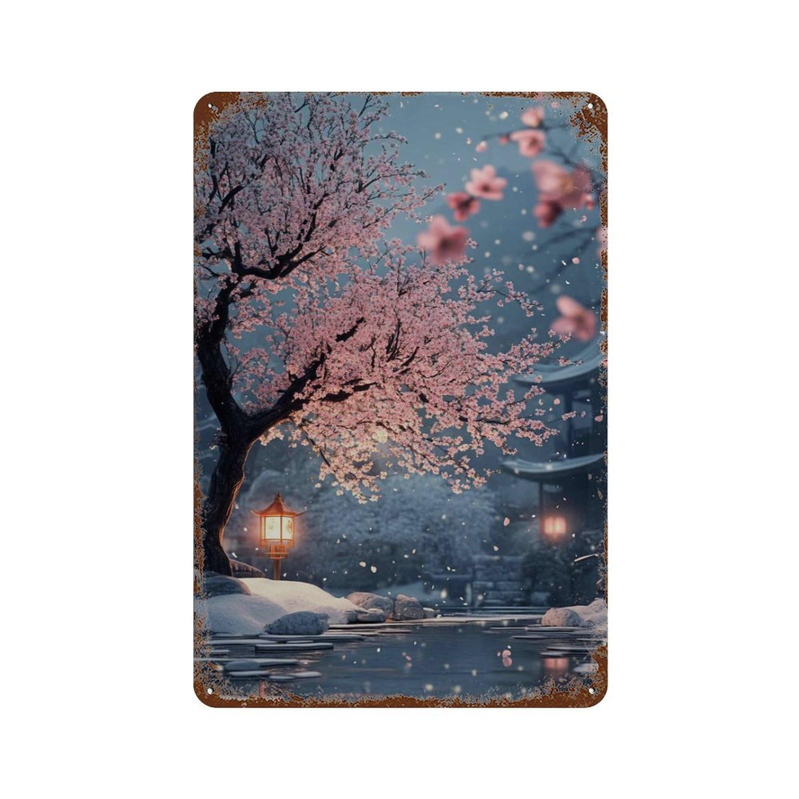 xiaoxiaoshen Japanese Cherry Blossom Tranquil Lantern Garden Pink Sakura Reflection Wall Decor Art Metal Tin Poster Modern Home Decor Art Home Bar Shop Decorations Vintage Sign 30x20cm