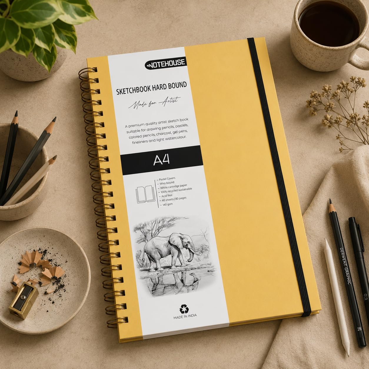 A4 Spiral Professional Art Notebook (30x21 cm) | 80 White Unruled Pages - Pack of 2Pcs | Thick Smooth Drawing Paper | Yellow Hard Cover-image-42