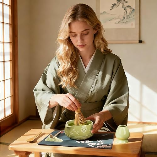 Miniatura 6 de Juego de batidor de matcha, cuenco de cerámica con boquilla, batidor y cuchara de bambú matcha, soporte para Chasen, soporte para cucharada, tamiz,