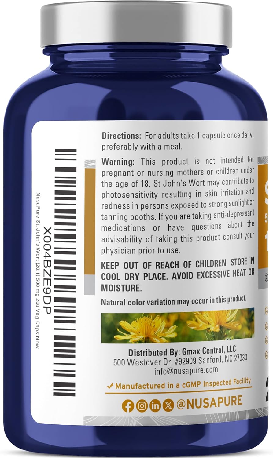 NusaPure St. John's Wort Extract 20:1 - Suitable for Vegetarian/Vegan, Non- GMO - 10,000mg - 200 Capsules - Image 3