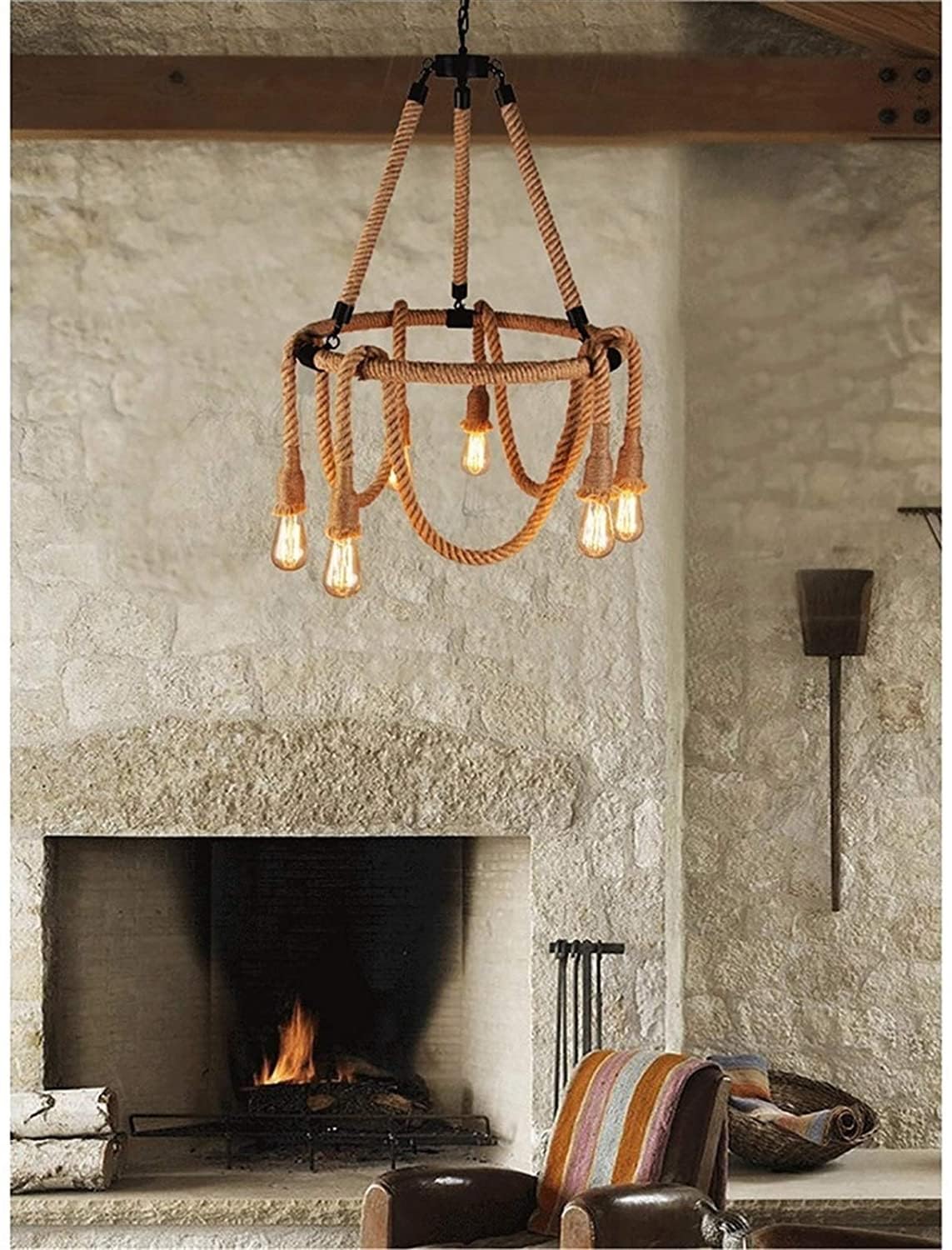 BLOOHK Rustic 6-Light Hemp Rope Chandelier, Vintage Farmhouse Pendant Light, Height Adjustable Hanging Lamp for Dining Room, Kitchen Island & Bar