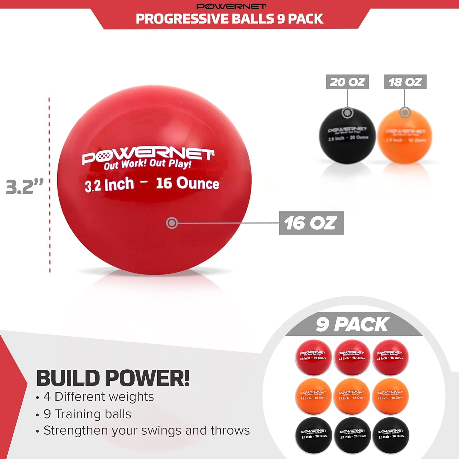 PowerNet Sweet Spot Training Bat + 3.2" Progressive Weighted Softball Training Balls for Hitting & Pitching, 9 Pack Weighted Balls & Weighted Bat, Improve Hand-Eye Coordination & Power