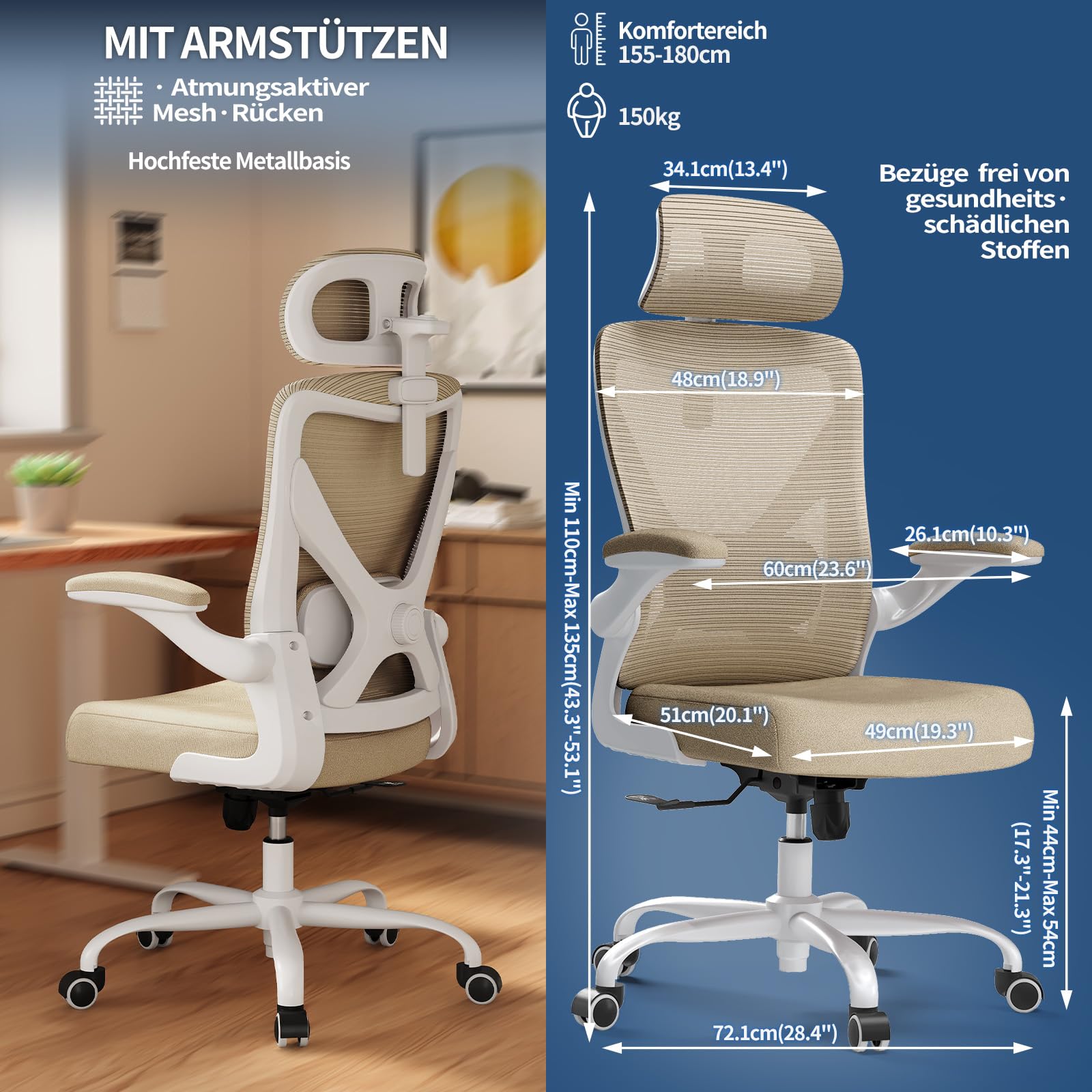 TRALT Krzesło biurowe – ergonomiczne krzesło biurowe z regulowanym podparciem lędźwiowym, zagłówkiem, krzesło biurowe, krzesło gamingowe w kształcie litery X, krzesło biurowe, krzesło do komputera