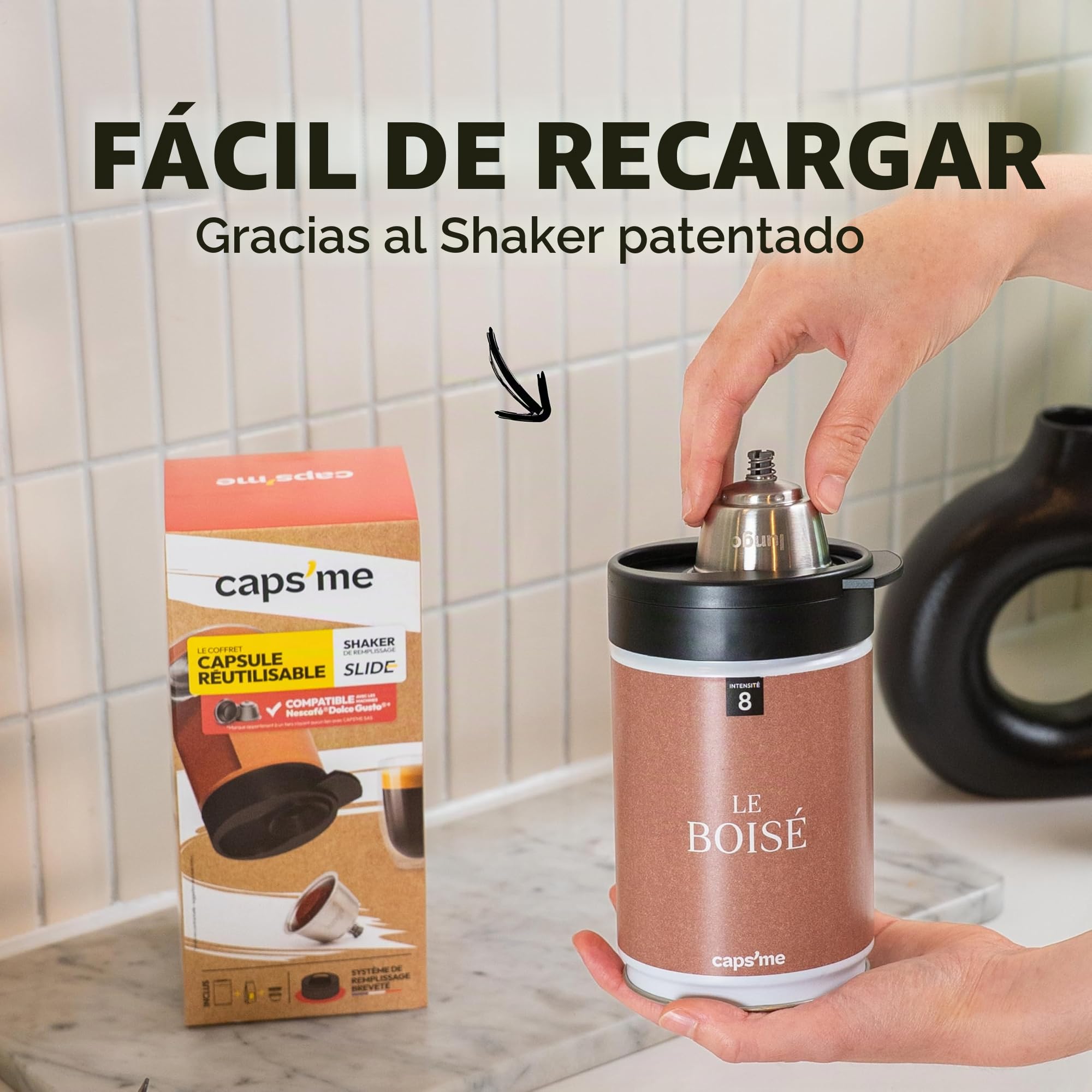 CAPS ME - Kit de cápsula recargable compatible con Nescafé Dolce Gusto (1 Agitador + 1 Dosificador reutilizable de acero inoxidable con extractor de cápsulas integrado) - Económico y ecológico Fácil