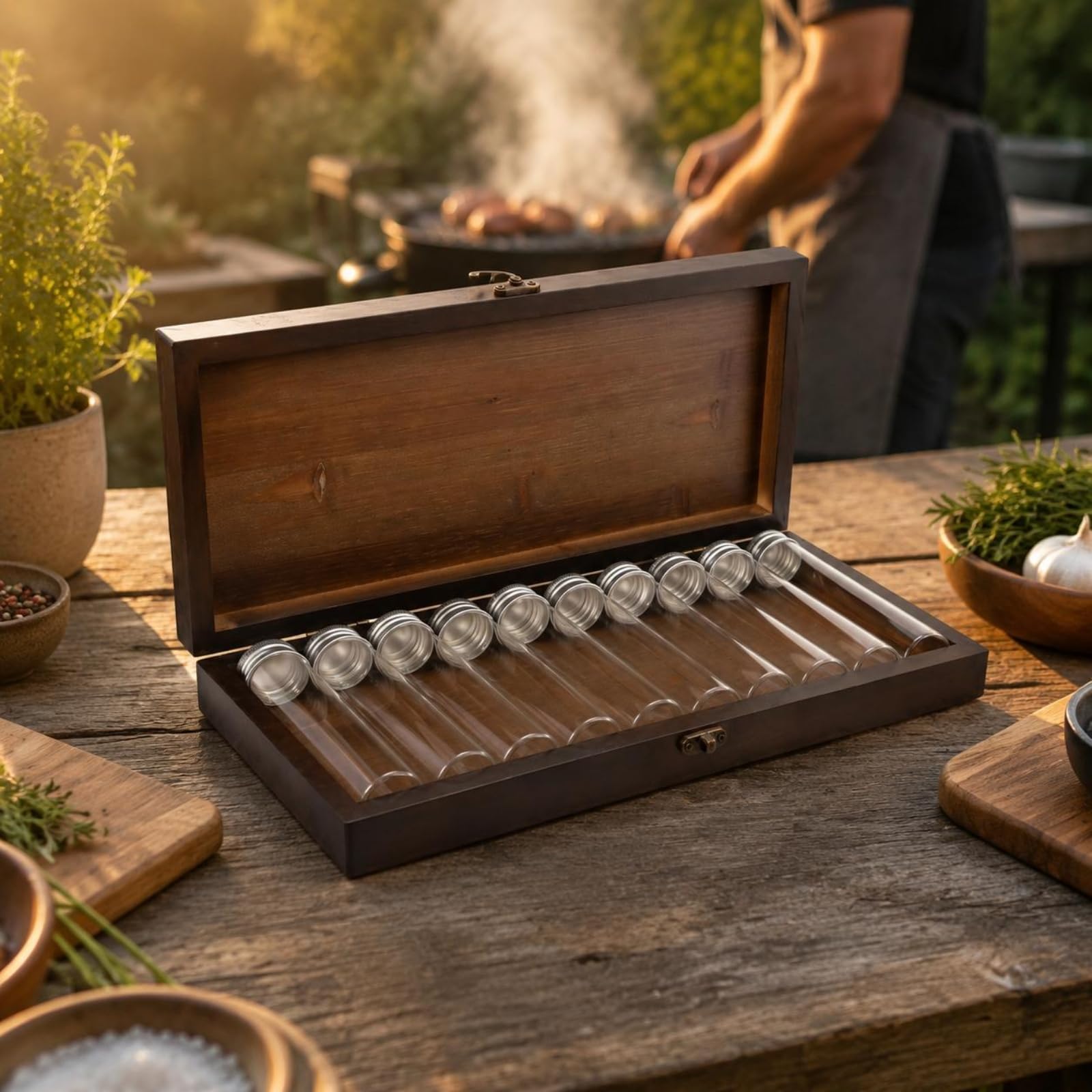 Ronyme Rangement à Épices Rétro en Bambou avec Bouteilles en Verre pour Condiments en Poudre et Granulés Boîte Portable Adaptée au Camping Repas en Plein Air