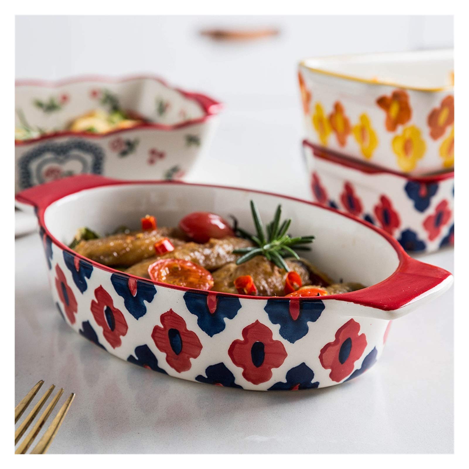YXSH Fuente de Horno Rectangular de Cerámica - Grande - para Gratinados, Lasaña, Repostería - Profunda-Red Rose Oval