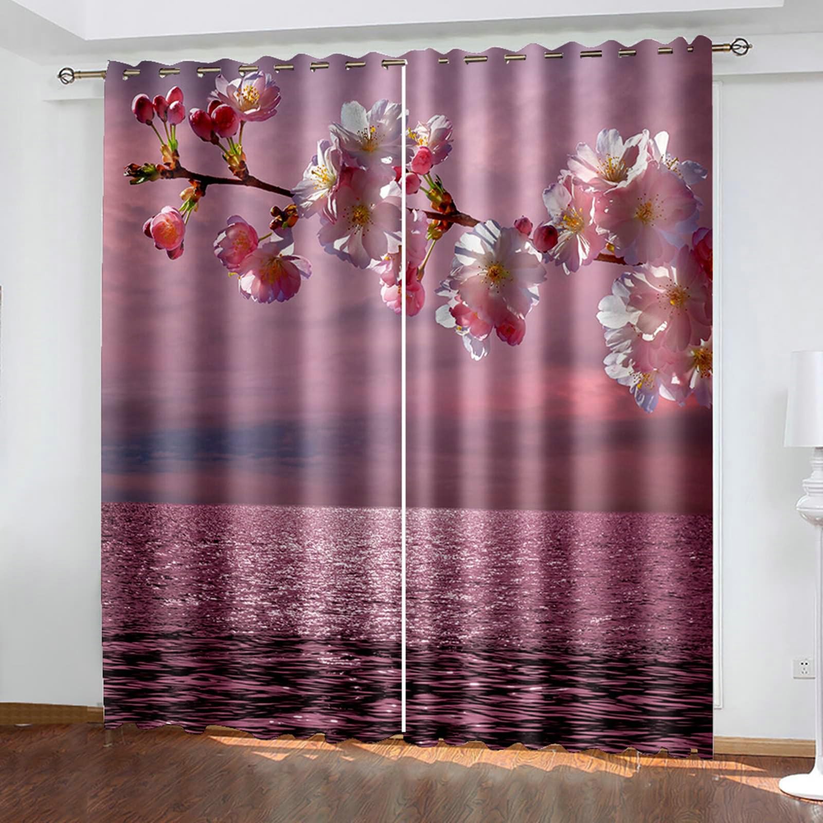 Gualiy Thermo Vorhänge 2er Set, Vorhänge 132x160 Meer und Blumen Ösenvorhang Blickdicht