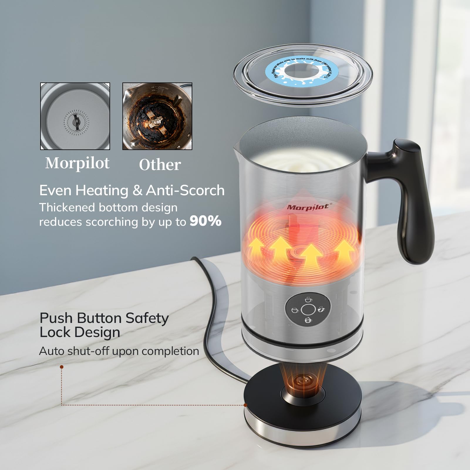 Morpilot Milchaufschäumer Elektrisch 4 in 1, 300ml, Milchschäumer für Heißer und Kalter Milchschaum und Schokolade, Antihaftbeschichtung, Leicht zu Reinigen, Edelstahl