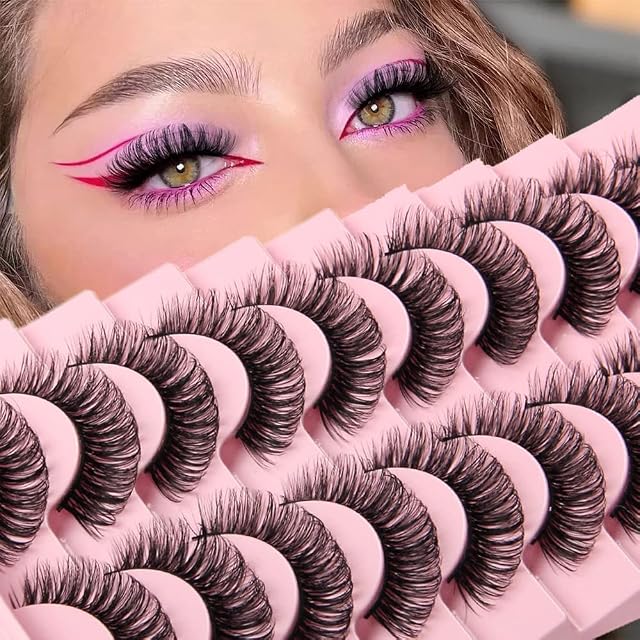 Riya Eyelashes Russian Strip Lashes D Curly Natural Wispy Fluffy 3D Effect Hybrid Strip Lashes Fake Eyelashes 10 Pairs Pack (001)