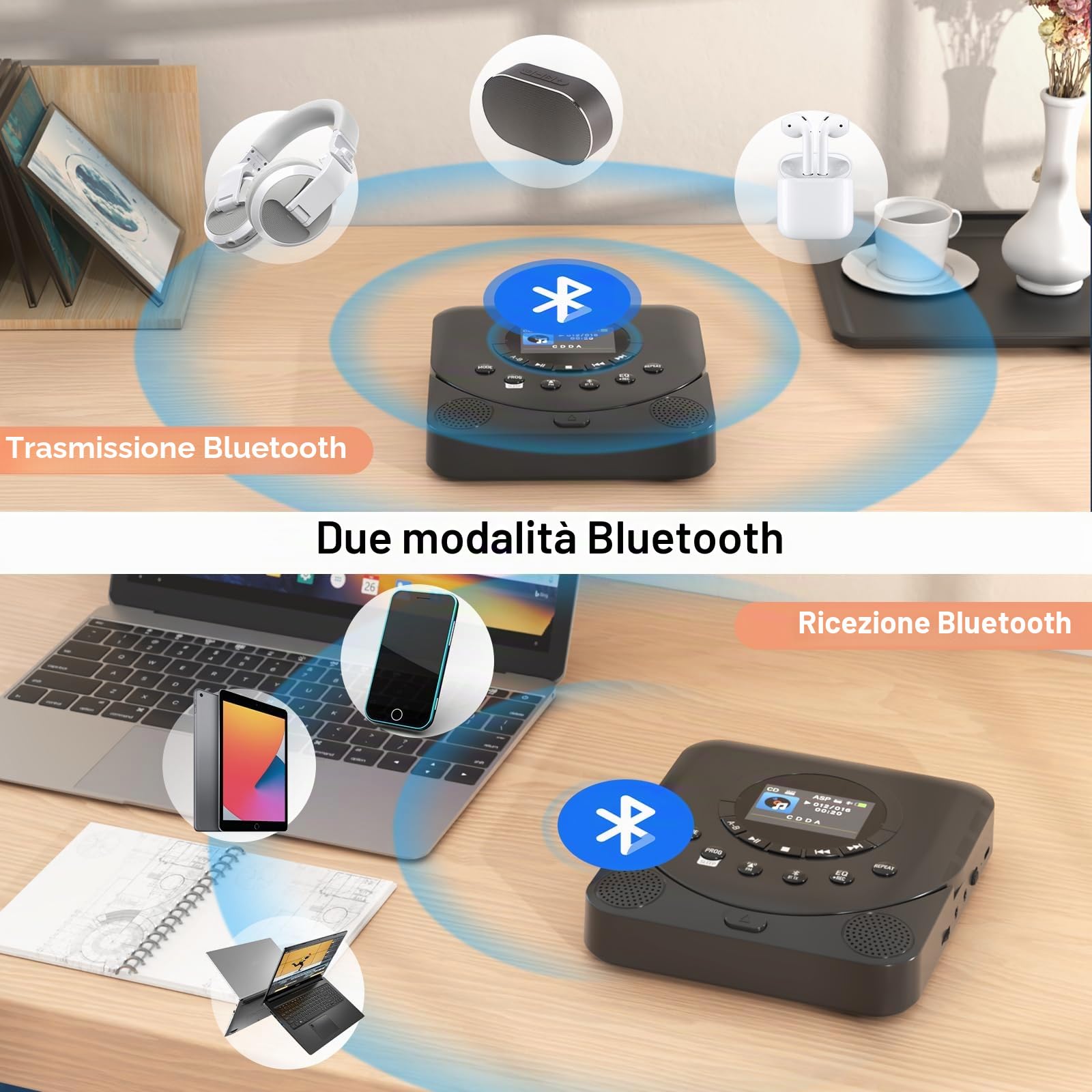 MONODEAL Lettore CD portatile con display TFT e timer di sospensione, radio FM integrata, lettore CD portatile Bluetooth, lettore CD Discman ricaricabile, con altoparlante e trasmettitore FM | Lettore CD portatile con timer di sonno e radio, ricaricabile,