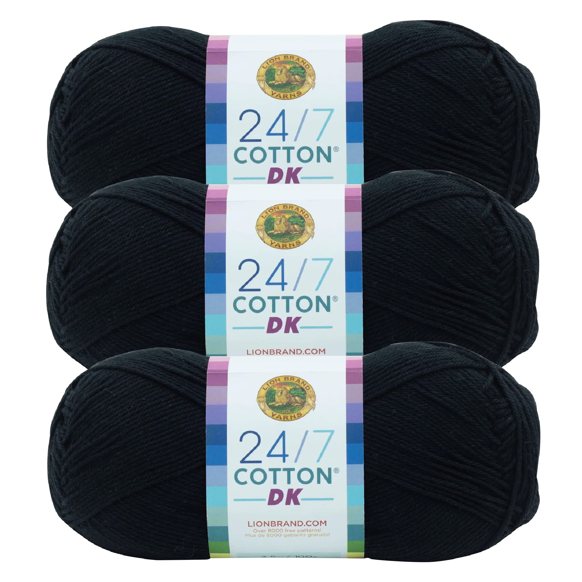 Lion Brand Yarn, 24/7 Cotton DK Crochet Yarn, Caviar, Black, 3 Pack — image 1
