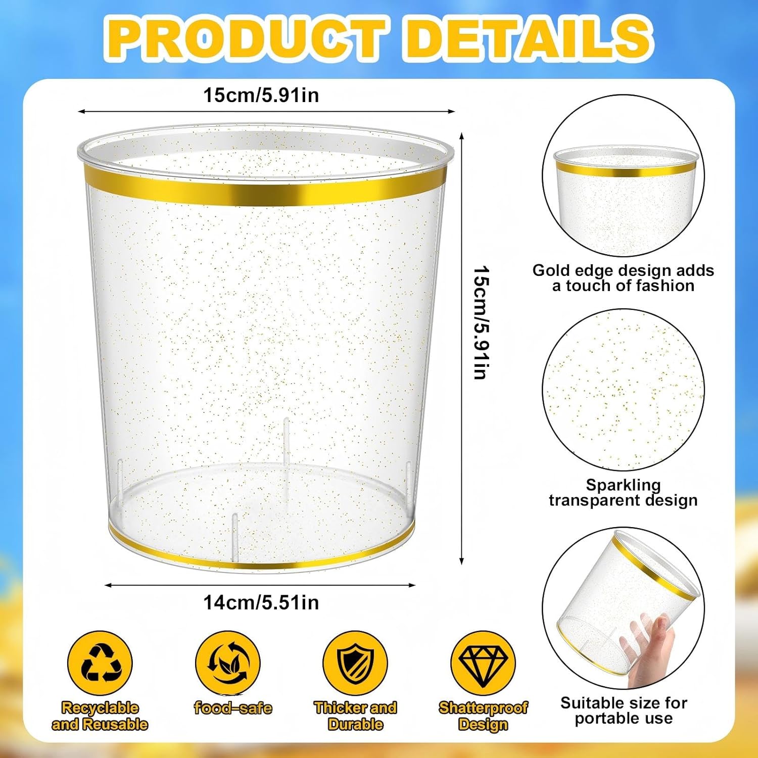 Ice Buckets Bulk, 6 Liter Plastic Round Ice Buckets, Disposable Storage Drink Tub or Party Bar Wine Beer Champagne Beverage Bottle Cooler(Clear,Gold Rim and Glitter,12 Pcs)