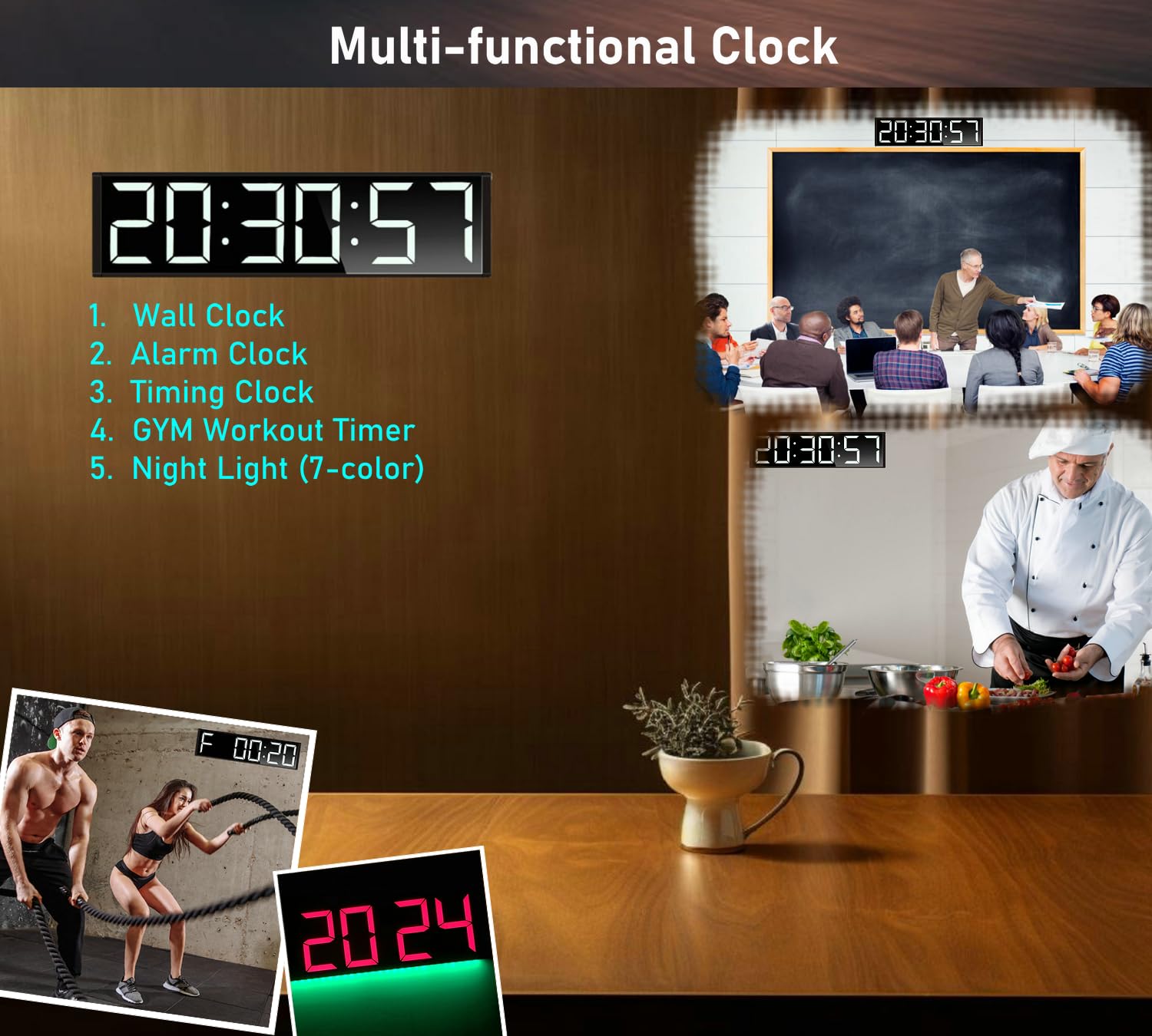 Reloj de pared digital enorme de 26 pulgadas, reloj temporizador de entrenamiento de intervalo de gimnasio en casa, con cuenta regresiva/arriba, cronómetro, 8 alarmas, luz nocturna de 7