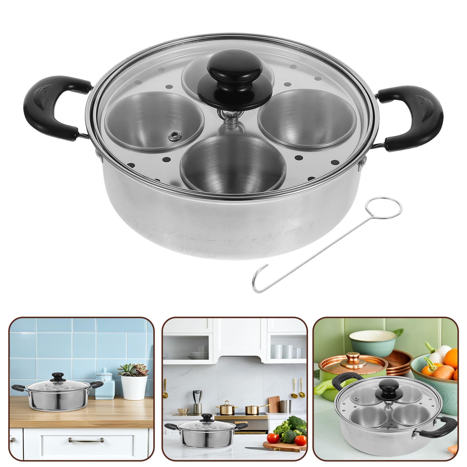 Homoyoyo Vaporera de Acero Inoxidable para Huevos 4 Unidades con Cesta Desmontable y Tapa Apta para Cocinas de Gas Cocedor al Vapor Compacto para Desayuno y Brunch