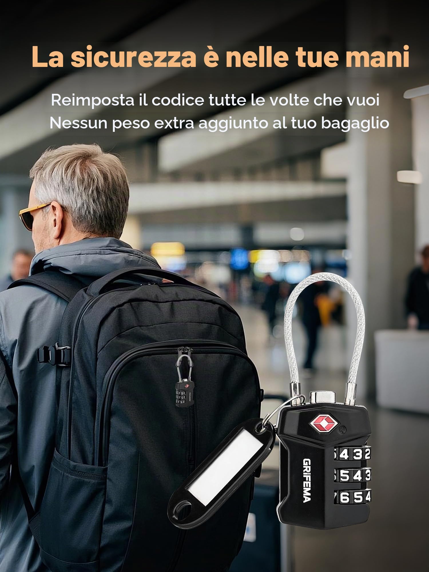 GRIFEMA Lucchetti TSA con Combinazione a 3 Cifre, Cavo Acciaio Flessibile per Valigie, Borse e Viaggi (Confezione Singola, GA1006)