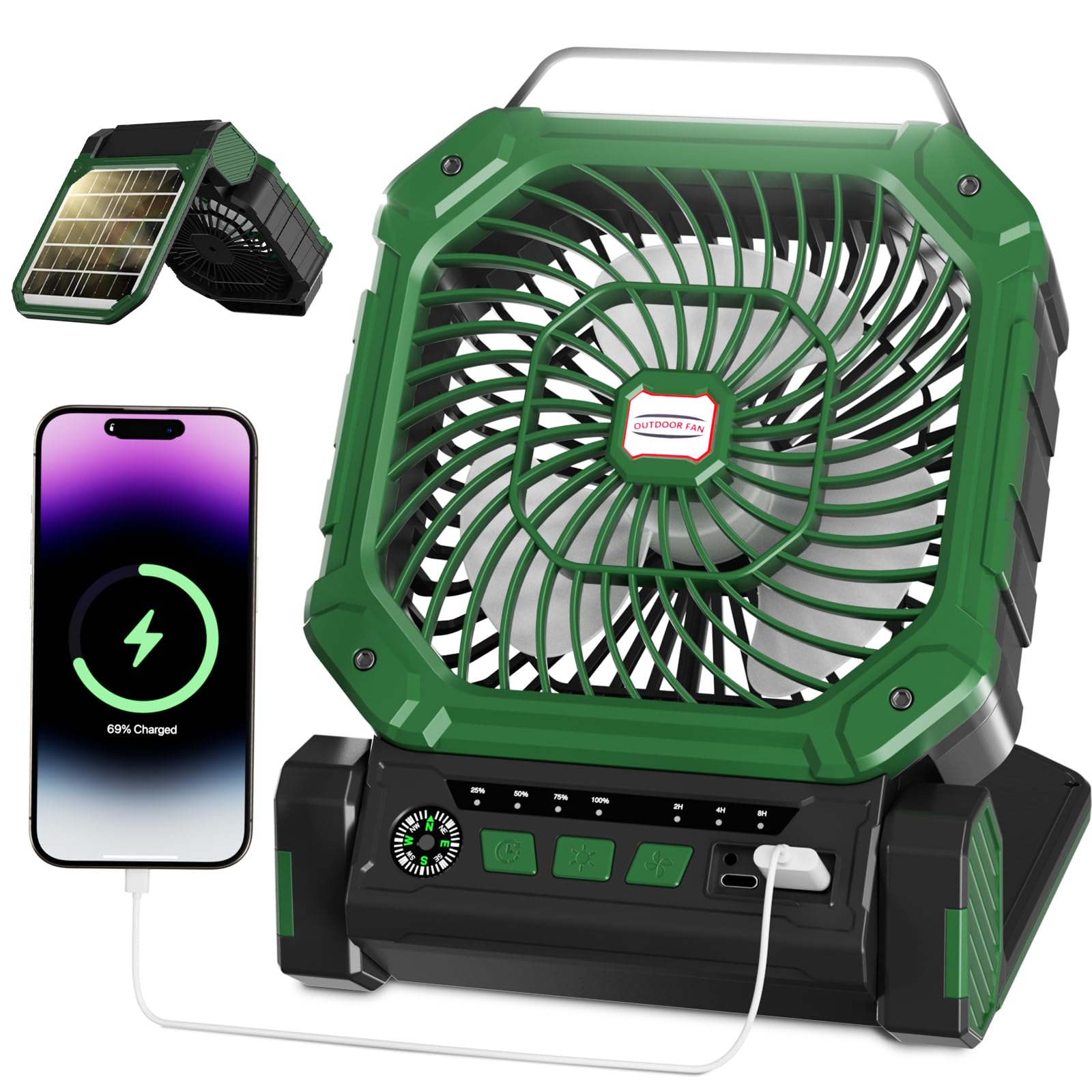 Solar Fan with Solar Panel, 7800mAh Portable Rechargeable Fan, 4 Speeds, 3 Light Modes,Timer, Ultra Quiet, for Outdoor Indoor Use, Tent, Fishing, Green