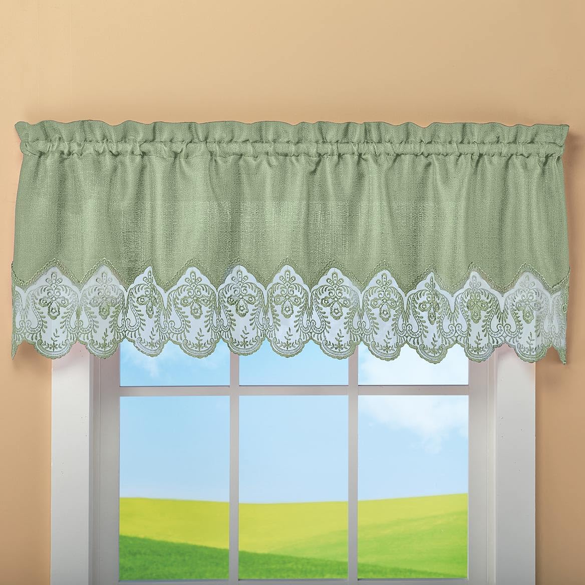 SPN.Home Lace Trim Window Valance, 19 x 60 Inch, Sage, Single Panel