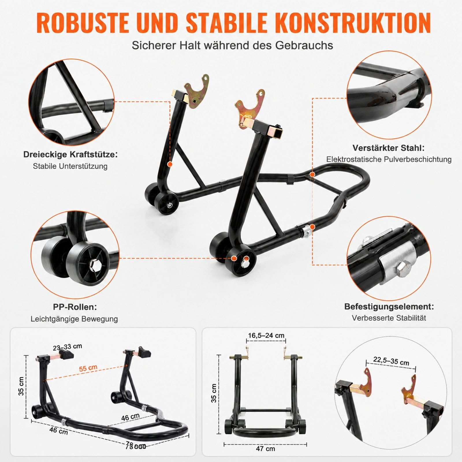Motorrad Montageständer Set für Vorder- und Hinterrad aus Stahl mit verstellbaren Armen, U- und L-Aufnahmen für Reparatur, Wartung und Lagerung zu Hause