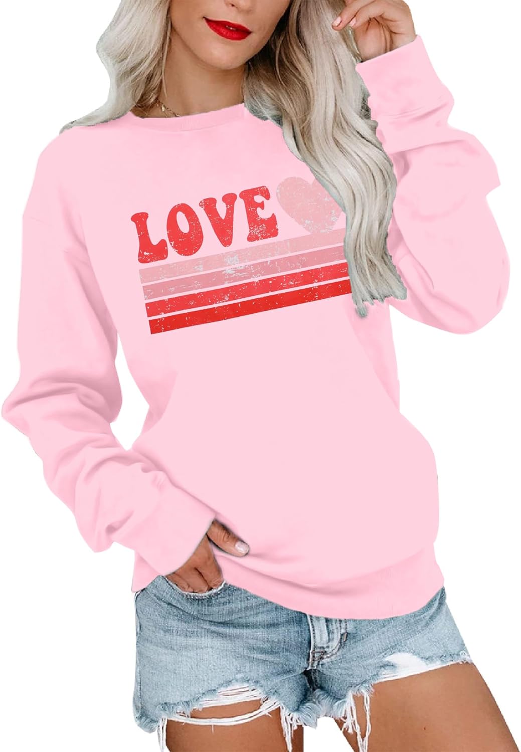 LUKYCILD Valentines Love Heart Shirt: Women Casual Crewneck Sweatshirts Funny Love Graphic Tee Long Sleeve Pullover Tops