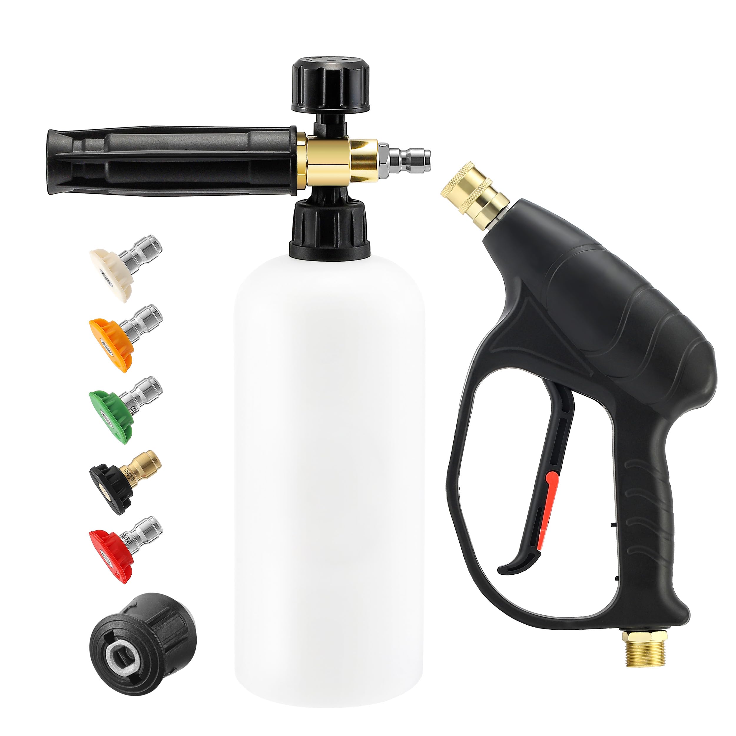 Tool Daily Pressure Washer Short Gun with Foam Cannon, Adapter Compatible with Karcher K2 K3 K4 K5 K6 K7, Snow Foam Bottle for Car Wash, 5 Jet Wash Nozzles, 1/4" Quick Connect, 1 Liter