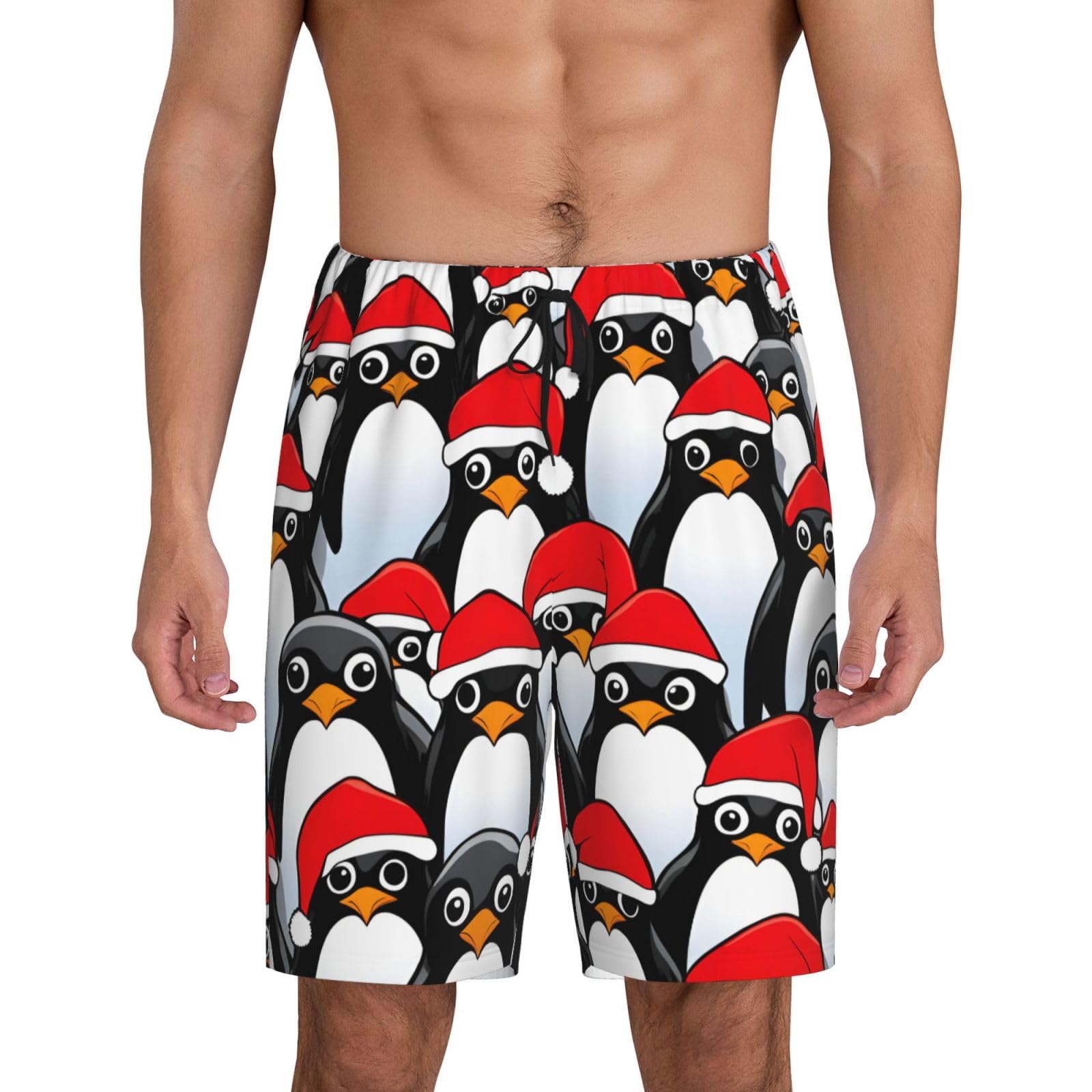 DRTGEDS Christmas Penguinsmen'S Soft Sleep Shorts, Comfy Lounge Sleeping Shorts Pants Breathable Summer Sleepwear, Black, Large