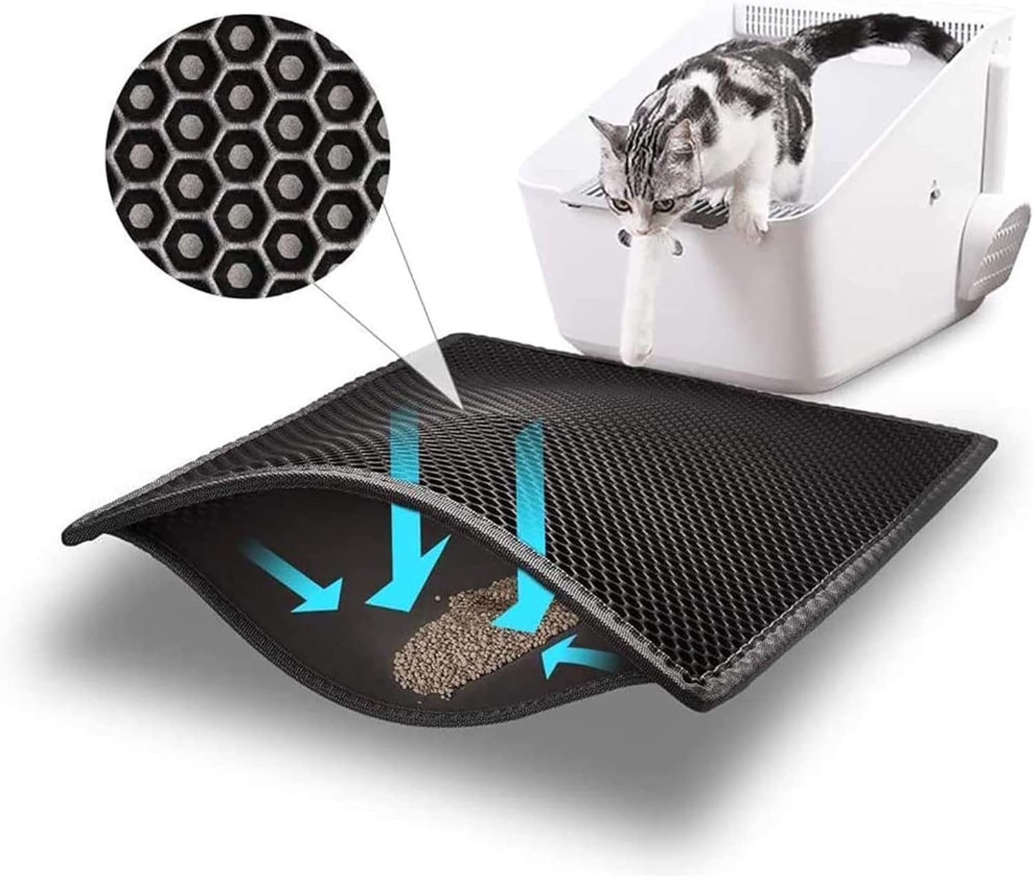 SAWA Health & Household Cat Litter Mat, Cat Litter Trapping Mat, Honeycomb Double Layer Design, Urine and Water Proof Kitty Litter Mat, Easier to Clean, Washable (40x50cm,Black)