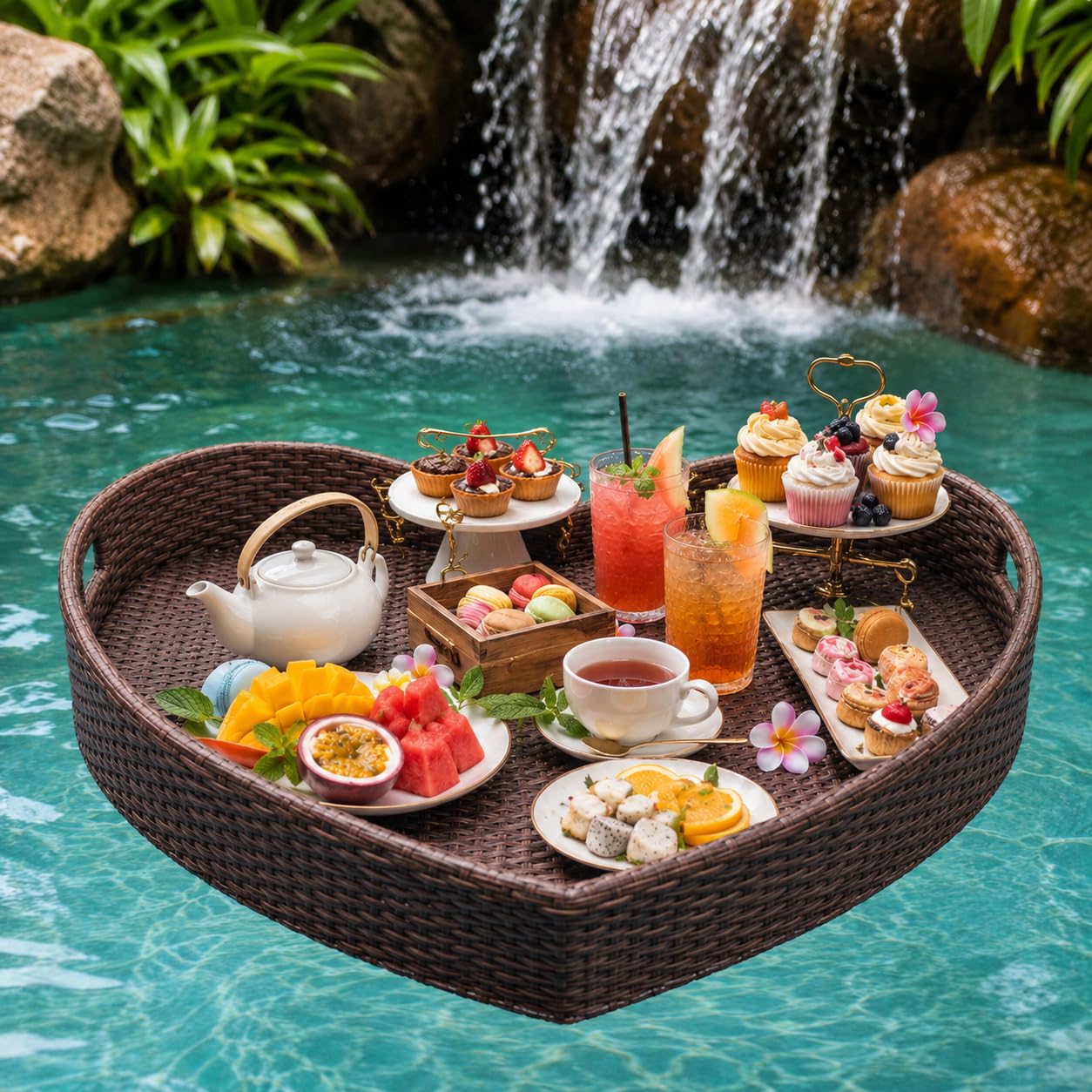 Mesa Flotante de Ratán Corazón, 80 x 20 cm, 4 Colores Coffee | Tejido PE Artesanal, Marco de Aluminio, Espuma, Borde Elevado y 2 Asas Permanecen Estables y Resisten el Agua en el Brunch.